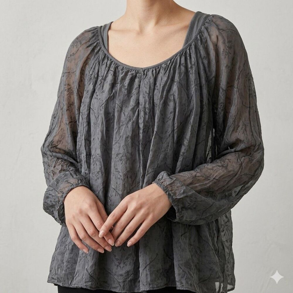 Piazza Roma silk-blend blouse dark gray floral pattern Long Sleeve Womens Size L
